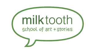Logo of PCAF Sponsor Milktooth School of Art and Stories, text inside of a speech bubble
