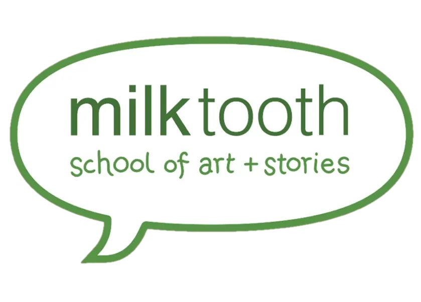 Logo of PCAF Sponsor Milktooth School of Art and Stories, text inside of a speech bubble