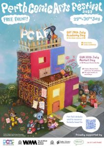 Perth Comic Arts Festival 2023 Poster featuring felted animals positioned around a building contructed of the letters "P-C-A-F".