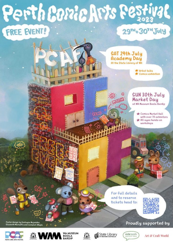 Perth Comic Arts Festival 2023 Poster featuring felted animals positioned around a building contructed of the letters "P-C-A-F".