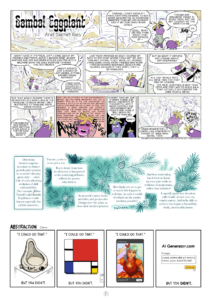 From top: "Sambal Eggplant" by Ariel Slamet Ries; comic by Sarah Winifred-Searle; "Abstraction" by J. Harris