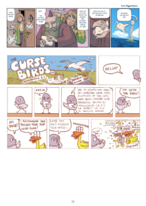 From top: comic by Scott Higginbotham, "The Curse Birds in (De)Generative AI" by Jorden Allen-Barr