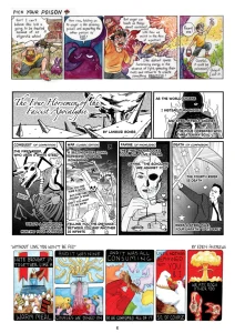 From top: "Pick Your Poison" by Max Loh; "The Four Horsemen of the Fascist Apocalypse" by Languid Bones; "Without Love, You Won't Be Fed" by Eden Andrews