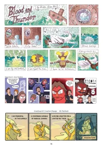 From top: "Blood and Thunder" by Jorden Allen-Barr; "Raging Research" by Steven Martellotta; "Creating Art Creates Change" by Ali Marbeck