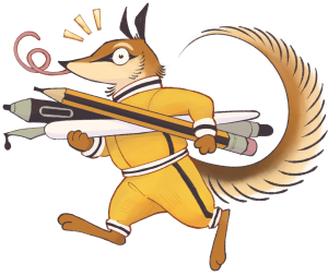 An illustration of Bristle, the PCAF Mascot. Bristle is a numbat wearing a yellow tracksuit and is holding a giant pencil, tablet pen and dip ink pen. His tongue is sticking out in a loop-de-loop shape.
