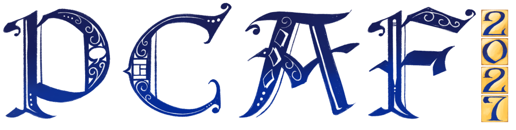 A rendition of the PCAF logo in the style of an illuminated manuscript. The individual letters of "PCAF" have tiny illustrations of comic panels within the letters.
