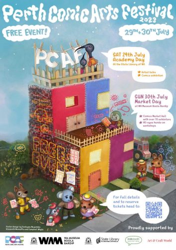 Perth Comic Arts Festival 2023 Poster featuring felted animals positioned around a building contructed of the letters "P-C-A-F".
